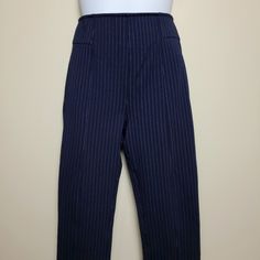 H&M High Waisted Pull-On Zip Ankle Navy Pin Stripe Pants - Stretchy Waist - Size 4 See Pics For Measurements High Waist Blue Office Bottoms, Blue High Waist Bottoms For Office, Blue High-waisted Bottoms For Office, Navy Fitted Bottoms For Office, High Rise Fitted Bottoms For Office, Fitted High Rise Bottoms For Office, Fitted High-rise Office Bottoms, Blue High Rise Bottoms For Workwear, Navy Formal Bottoms For Spring