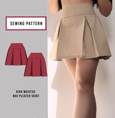 "High Waisted Box Pleat Skirt PDF sewing pattern and pictured instructions. Youtube Tutorial: https://youtu.be/lzsR40ugqIk Size: XS to XL  Reference Size Chart Seam allowance is included. 3/8 inch all around and 1/2 inch at hem.  Front skirt length is 13 inches. Back skirt length is 13.5 inches. *This pattern is for personal use only. Not to be used for commercial purposes. Thank you for respecting the rights of the designer. Copyright 2022. *Required materials: 1/2 yard  -woven/cotton material Mini Skirt Pattern, Pleated Skirt Pattern, Pattern Mini Skirt, Pattern Printable, Sewing Projects Clothes, Skirt Sewing, Box Pleat Skirt, Diy Clothes Design, Pleat Skirt