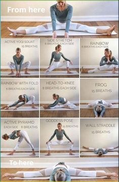 a woman doing yoga poses with her hands in the air