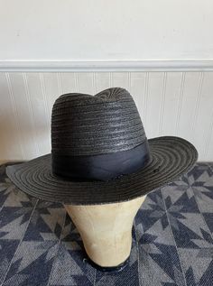 "Authentic Black Amish Straw Wide Brim Hat. Made in U.S.A. Center dent crown Fedora - Long Oval Park Plaza Hat - Superior Quality Amish Flicker-Braid From Indiana Amish community. Size 6 3/4 54 Inside headband measurement is 20 3/4\"." Black Panama Hat With Curved Brim, Black Straw Hat With Curved Brim, Black Western Sun Hat With Curved Brim, Western Style Black Panama Hat With Curved Brim, Black Western Panama Hat With Curved Brim, Classic Black Straw Hat With Curved Brim, Black Fedora Sun Hat For Kentucky Derby, Black Western Style Wide Brim Sun Hat, Black Western Wide Brim Sun Hat