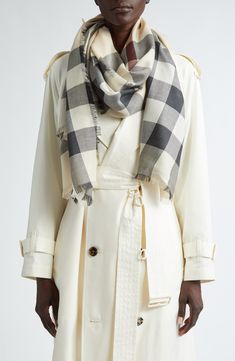 Burberry's instantly recognizable check makes this eyelash-fringed scarf in a lightweight cashmere-silk blend a must-have accessory you can wear year-round. 39 1/4" x 78 3/4" 70% cashmere, 30% silk Dry clean Made in Italy Burberry Scarves & Shawls, Butberry Scarf, Burberry Scarf Outfit, Red Plaid Scarf, Burgundy Scarf, Trench Coat Outfit, Scarf Outfit, Burberry Scarf, Leather Outerwear