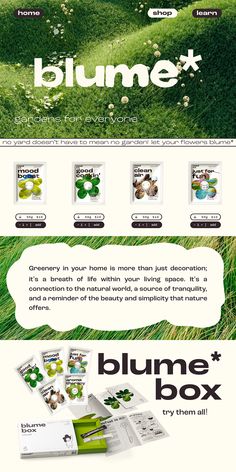 an advertisement for the bummex website with green grass and flowers on it, including two