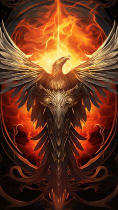 an eagle with flames in the background