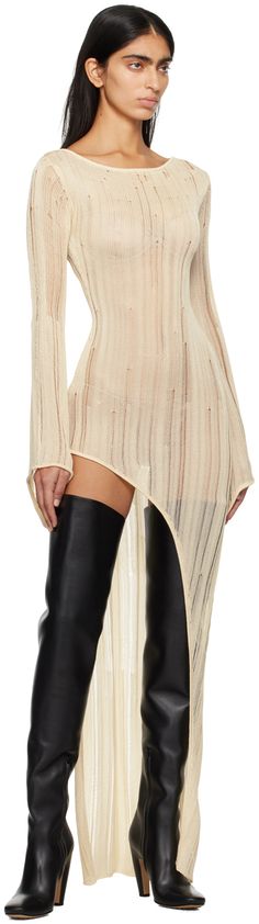 Sheer knit rayon dress. Subtle distressing throughout. · Boat neck · Curved slit at front hem · Flared sleeves · Unlined Supplier color: Buttercream Rayon Dress, Glam Dresses, Fashion Line, Sheer Dress, Fashion Fits, Custom Dresses, Dance Outfits, Couture Fashion, Classy Outfits