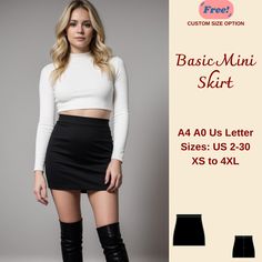 Basic Mini Skirt Sewing Pattern, Strech skirt, Bodycon Mini Skirt, Formal Skirt, Leather Skirt, Fitted Mini Skirt, Basic Skirt, XS-4XL Available as an instant download (pdf) sewing pattern bundle with a range of size options: US Sizes: 2, 4, 6, 8, 10, 12, 14, 16, 18, 20, 22, 24, 26, 28, 30 Standard Sizes: XS, S, M, L, XL, 2XL, 3XL, 4XL These patterns are suitable for A4, A0, and US Letter size papers. As soon as your payment is processed, you will automatically receive download links for the pat Fitted Mini Skirt Casual Style, Fitted Pencil Skirt Skort For Fall, Fitted Pencil Skort For Fall, Stretch Lined Mini Skirt, Fitted Lined Mini Skirt, Fitted Mini Skirt In Black, Solid Color Fitted Mini Skirt, Stretch Mini Skirt, Mini Skirt Sewing