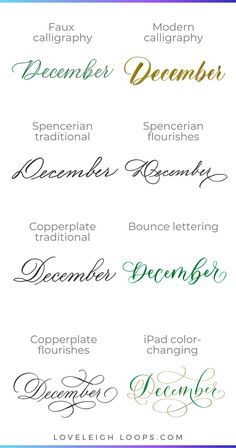 some type of calligraphy that is in different colors and font styles, with the words december