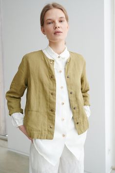 Linen Spring Outerwear With Button Cuffs, Spring Linen Outerwear With Button Cuffs, Everyday Linen Outerwear With Buttons, Linen Outerwear For Layering With Relaxed Fit, Relaxed Fit Linen Outerwear For Layering, Spring Linen Outerwear With Buttons, Fall Linen Outerwear With Button Cuffs, Khaki Linen Single-breasted Outerwear, Flax Linen Long Sleeve Outerwear