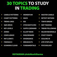 an info poster with the words 30 topics to study in trading and other important information