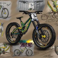 a painting of a bike on display with other bikes in the background and an advertisement for sinder art