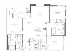 the studio apartment floor plan with one bedroom, two bathrooms and an attached living area