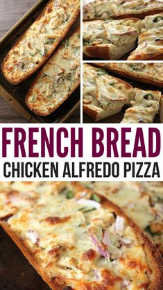 french bread chicken alfredo pizza is shown in three different pictures and has been cut into slices