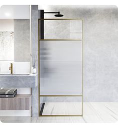 a bathroom with a shower, sink and mirror on the wall next to each other