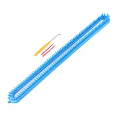 two blue plastic toothbrushes with one yellow and one red brush next to each other