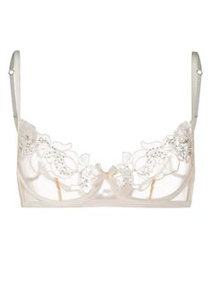 Evening Lace Bra With Delicate Details, Lace Trim Evening Bra, White Lace Underwire Bra, White Feminine Bra With Lace Closure, Feminine White Bra With Lace Closure, Cream Lace Bra With Lace Trim, Fitted White Evening Bra, Feminine Lace Bra With Removable Cups, Elegant Underwire Bra With Scalloped Lace