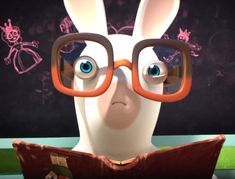 an animated rabbit wearing glasses reading a book