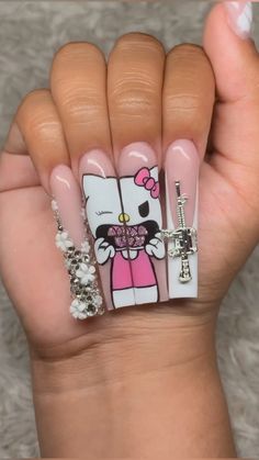 Halloween Nail Inspo 2023, Valentines Nails Acrylic Stiletto, Long Simple Nails Acrylic, Full Bling Nail Set, Hello Kitty Chucky Nails, Long Nails With Designs, Long Hello Kitty Nails, Back To School Nails Medium, Cool Nails Acrylic