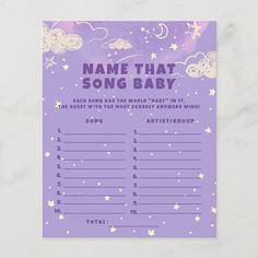 a purple baby shower game with stars and clouds