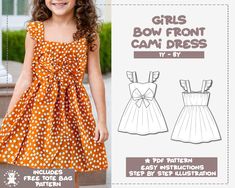 This girls bow front cami dress sewing pattern is perfect for beginners and all sewing levels. Ruffled strap sleeve with adorable bow front, must have dress piece to add to your little one's wardrobe this season! The downloadable file package includes illustrated step by step sewing instructions, detailed tutorial, and helpful tips for you to easily complete the dress. The pattern includes 5 sizes for you to choose from: 1Y to 8Y The digital download PDF sewing pattern includes a layer option to only select your size or multiple sizes all at once. Each pattern is created so you can print at home or through a printshop. The purchase comes with 4 PDF files: A4 US Letter A0 Instruction Book includes fabric recommendations, pattern assembling, step by step instructions, sewing tips, and much m Kids Sewing Pattern, Pattern Summer Dress, Summer Dress Pattern, Dress Piece, Summer Dress Sewing Patterns, Dress Pdf Pattern, Tote Bag Pattern Free, Girls Dress Sewing Patterns, Summer Dress Patterns