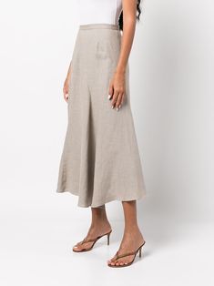 VOZ Spiral Linen Midi Skirt - Farfetch Linen Midi Skirt For Work, Chic Linen Midi-length Bottoms, Linen Lined Skirt For Workwear, Linen Flared Skirt For Workwear, Flared Linen Skirt For Work, Linen Flared Skirt Bottoms For Workwear, Summer Linen Midi-length Bottoms, Chic Asymmetrical Linen Skirt, Knee-length Linen Skirt For Work