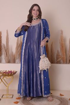 Blue long jacket with scallop trimmings and floral embroidery using gota patti work. Paired with an inner anarkali with embroidered neckline. - Aza Fashions Blue Raw Silk Anarkali Set With Long Sleeves, Blue Long Sleeve Raw Silk Anarkali Set, Blue Raw Silk Anarkali Set With Dabka, Blue Dabka Anarkali Set For Reception, Blue Anarkali Choli With Dabka, Tissue Anarkali, Sharara For Women, Round Neck Jacket, Floral Anarkali