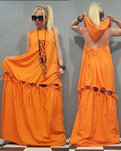 "Avant Garde Orange Linen Dress, Asymmetrical Dress, Party Cocktail Dress, Steampunk Dress, Extravagant Orange Dress, Gothic Dress, Linen Dress, Loose Dress ❤️ Extravagant designs and high quality fabrics! ❤️ Materials & Care Linen, Viscose Hand wash at low temperatures. Do not machine dry. Do not iron. Do not dry clean! ❤️ Sizing We can make your piece from XS to 5XL! Everything in the shop can be also made according to your measures free of charge! ❤️ Shipping ✈ Ready to ship The time I need t Spring Maxi Dress For Costume Party, Summer Costume Party Dress With Asymmetrical Hem, Bohemian Asymmetrical Dress For Party, Bohemian Asymmetrical Party Dress, Asymmetrical Hem Dress For Festival, Orange Asymmetrical Summer Dress, Orange Dress For Costume Party, Meditation Clothes, Orange Linen Dress