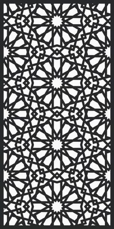 an intricate black and white pattern with geometric shapes in the middle, on a dark background