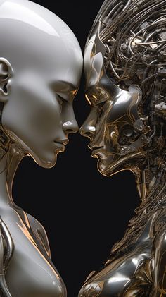 two white mannequins facing each other with their faces close to one another