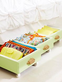 an open drawer with clothes in it and the caption reads use old drawers, attach wheels for under the bed storage like reuse & recycle