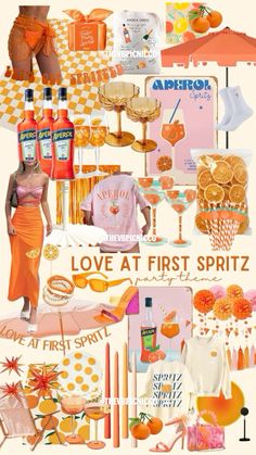 an advertisement for love at first spirit, with oranges and other items in the background