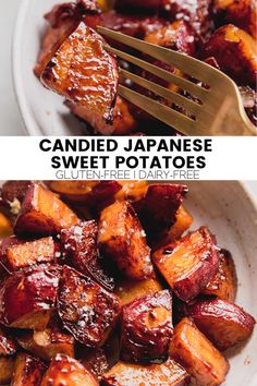 japanese sweet potatoes in a white bowl with a fork and text overlay that reads candied japanese sweet potatoes