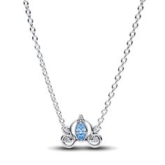 Follow the call of the ball with the Disney Cinderella's Carriage Collier Necklace from Disney x Pandora. This sterling silver necklace features an intricate pendant inspired by Cinderella's enchanted pumpkin carriage, with a blue marquise-shaped stone surrounded by swirling openwork details. Small cubic zirconia stones sparkle on the wheels and pumpkin stem. The pendant is fixed to the chain, and the necklace is adjustable to three lengths. Style it together with the matching stud earrings for an elevated Cinderella-inspired look. Cinderella Necklace, Cinderella's Carriage, Disney Necklace, Pumpkin Carriage, Pandora Necklace, Pumpkin Stem, Pandora Disney, Fancy Lights, Star Pendant