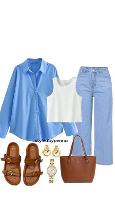 Confira os shuffles de styledbypenna Dark Blue Jeans Outfit Spring, Light Blue Pants Work Outfit Women, Simple But Elegant Outfits, Intern Fits, Neat Casual Outfits, Simple Style Outfits, Effortlessly Chic Outfits