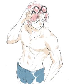 a drawing of a shirtless man with pink hair and goggles