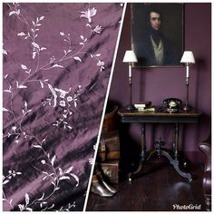 two pictures side by side, one is purple and the other has white flowers on it