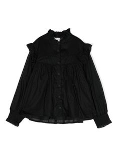 black cotton poplin texture broderie anglaise stand-up collar ruffle collar front button fastening logo-debossed buttons ruffled detailing at the shoulder long sleeves smocking cufs straight hem Chloe Kids, Feminine Chic, Shirts Black, Kenzo Kids, Girls Blouse, French Chic, Ruffle Collar, Stella Mccartney Kids, French Fashion