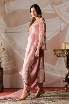 Pink kurta with cutdana cutwork embroidery. Paired with a dhoti pant, inner and embroidered dupatta. - Aza Fashions Tissue Kurta, Bridal Crop Top, Kaftan Kurta, Kurta Lehenga, Prince Coat, Pink Kurta, Waistcoat Woman, Kurta Patterns, Dhoti Pants