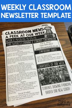 a newspaper with the words weekly classroom news on it