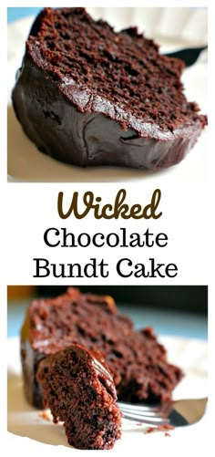 a chocolate bundt cake on a plate with a fork in it and the words, wrecked chocolate bundt cake