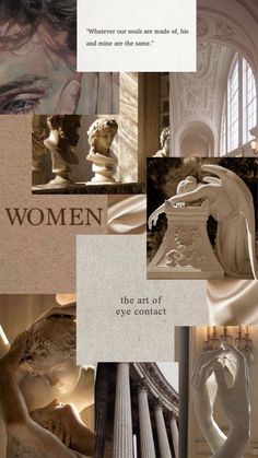 a collage of images with the words women in them and an image of statues