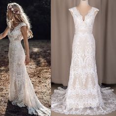 the back and side view of a wedding dress with an open back, on display in front of a mannequin