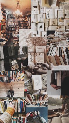 collage of books and other things in the room