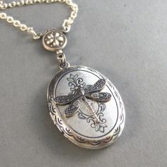 An Elegant Silver Victorian Dragonfly Locket. This Beautiful Piece Is Made With A Very High Quality Silver Locket That Opens From The Side And Holds Two Photos Inside. Attached To The Front If The Locket Is A Beautiful Silver Dragonfly, Made In A Victorian Style. The Delicate Chain Measures 24 Inches And Is Finished With A Silver Toggle Clasp. Locket Measures 1 Inch Long. All Jewels Are Handmade And Hand Created By Me In My Home Studio. Please Know That You Are Purchasing A Handcrafted Item From Valley Girl, Silver Lockets, Locket Necklace, Jewelry Vintage