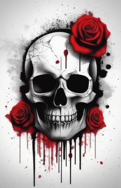 a skull with two roses on it's head and blood dripping down the side