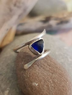 Beautiful cobalt blue seaglass cross over ring.  Handmade in the northeast of England with seaglass collected from the shores of the award winning Whitley bay beach.   UK size L Seaglass Earring, Seaglass Rings, Sea Glass Jewellery, Seaglass Jewelry, Metal Jewelry Making, Eco Jewelry, Homemade Jewelry, Handmade Rings, Silver Rings Handmade