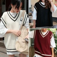 Women Knit Vest Jumper Pullover Student V Neck Tops Knitwear Casual Sweater | eBay Preppy Sweater Vest, Vest Outfits For Women, Baseball Jacket Women, Sweater Vest Outfit, Preppy Sweater, Outfit Korean, Office Outfits Women, Vest Women, Streetwear Tops