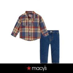 in stock Taper Pants, Boys Flannel, Infant Boys, Tapered Pants, Set Outfit, Flannel Shirt, Baby Toys, Pants Set, Levi's