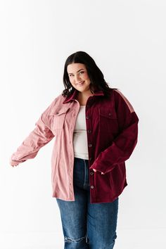 Features Collar Long sleeves Front buttons Breast pockets with buttons Corduroy Colorblock Shirt Size + Fit Small 0-4, Medium 4-8, Large 8-12, X-Large 12-16, 1X 14-18, 2X 16-20, 3X 20-24 Kristin is 5'4", a size 1 and is wearing a Small Jaycie is 5'6", a size 18 and is wearing a 2X Runs true to size