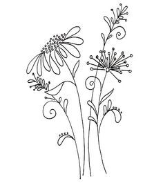 three flowers with swirly stems in black and white on a white background, drawn by hand