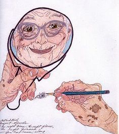 a drawing of an old man holding a magnifying glass and writing on it