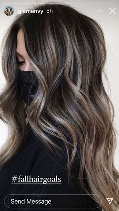 Dark Brown Base With Ash Blonde Balayage, Highlights To Disguise Gray Hair, Trendy Highlights For Brunettes, Brunette With Ash Blonde Highlights, Ashy Babylights On Dark Hair, Deep Brown Hair, Balayage Ideas, Hair Play, Mom Hair